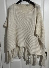 Cocogio Chunky Cream Knit Sleeved Poncho Cape Women’s One Size Tassels Italy