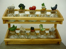 Vintage Wall Mount Wooden Spice Rack 10 Vegetable 3D Tops Decorative Glass Jars