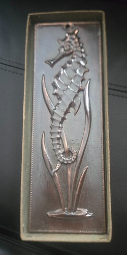 Vintage seahorse metal plaque - metal,