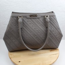 Love Moschino Embossed Logo Heart Tote Bag Gray Red Shoulder Purse Chic Classic