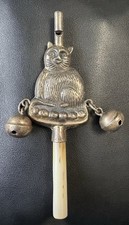 Antique Sterling Silver Cat Baby Rattle & Whistle with Teether (c.1900–1920s)