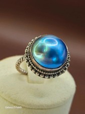 Sterling Silver 925 Mabe Pearl Ring – Iridescent Blue Dome Design – Elegant Boho
