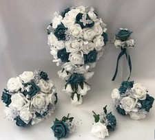 Wedding Flowers Ivory Rose Teal posy Bouquet Bride, Bridesmaid, Flower-Girl Wand