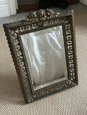 Antique 19thC French Brass Repousse Mirror Bevelled Glass Putti Fleur De Lis