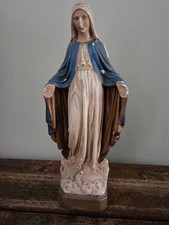 Virgin Mary Chalkware Plaster Figure Vintage Standing Blue White 10 inches