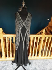 Ladies Heavily Embellished Long Vintage Dress Black Silver Ball Gown Cocktail 