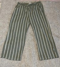 Next Petite Khaki Green White Strip Linen Mix Wide Leg Trousers Size 18