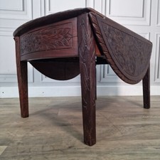 Antique Vintage Floral Oriental Carved Solid Wooden Drop Leaf Side Coffee Table