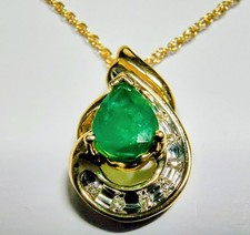 10k Solid Yellow Gold Emerald and Diamonds Tear drop  Vintage-Inspired Necklace