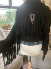 Western Jacket Hand Sewn Edge Moveable Brooch Fringe Boho Cowboy Faux Suede New