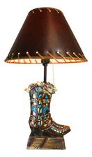 Rustic Western Faux Tooled Leather Floral Succulents Cowboy Boot Table Lamp