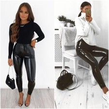 Women Ladies Vinyl PVC Wet Look Shiny Disco Elasticated High Waist Leggings Pant