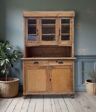 Antique European Style Victorian Pine Glazed Dresser Display Cabinet Cupboard