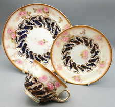 Antique English Porcelain George Jones Pink Roses Trio - Tea Cup, Saucer & Plate