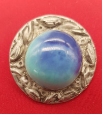 Art and Crafts Ruskin Style Round Pewter Brooch, Blue Stone.(B)