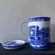 Spode Bone China Cup & Coaster, Classic Blue & White Italian Pattern (VERY GOOD)