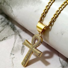 Ancient Egyptian Ankh Pendant 24" Curb Link Chain Necklace 18k Gold Layered