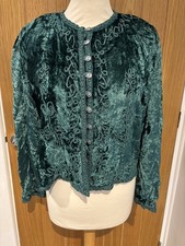 Ladies Vintage Boho Gypsy Witchy Green Embroidered Crushed Velvet Top One Size 