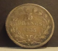 1833 King Louis Philippe 1 Kingdom of France .900 Silver Mintmark W 5 Franc Coin