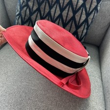 Vintage 1980s Modelled By Edna Wallace Red Boater Style Hat 19.5 Inch Crown