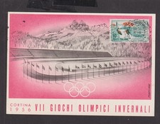 1956  ITALY -  WINTER OLYMPICS, CORTINA POSTCARD (PINK) WITH GAMES CANCEL