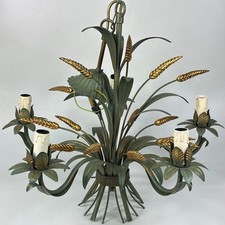 Vintage French Green & Gold Metal Wheat Sheaf & Leaves Toleware 5 Arm Chandelier