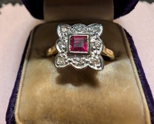 Antique C. 1925 Art Deco 18kt Gold  Ruby & Diamond Ring Size I (3 g)