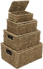 Seagrass Set of 4 Rectangular Lidded Storage Baskets Hand Woven Stackable Basket
