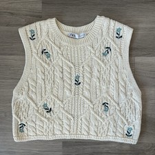 Zara Sweater Vest Womens Size Small Cream Floral Embroidery Knit Cropped Jumper