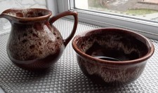 FOSTERS Pottery, Cornwall, Sugar Bowl and Milk Jug. Brown Drip glaze