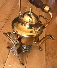 Vintage brass kettle on stand with burner. VG condition. ( Big Shed top shelf)