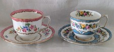 2 Crown Staffordshire Fine Bone China Pink And Blue Cups & Saucers