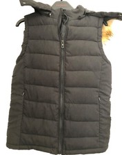 BLACK ZIP UP HOODED FUR TRIM WAISTCOAT / GILLET  POCKETS SMALL 36” Chest