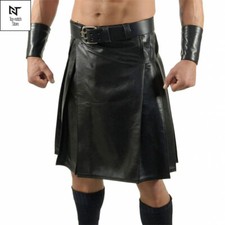 Men's Real Cow Leather Scottish Kilt Pleated Flat Front Handcuffs Roman LARP