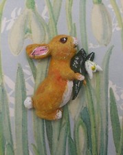 SNOWDROP & RABBIT BROOCH Spring Pin Easter Bunny Lapel Pin-HANDMADE HAND PAINTED