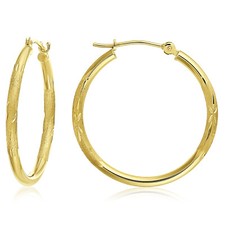 14K Real Solid Gold 1" Large Floral Diamond-Cut Hoop Earrings Lightweight Hoops