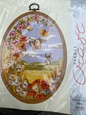 Avon Needlecraft Kit Embroidery Picture Windmill, Butterflies, Flowers, Frame
