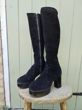 Original American Vintage 1970s Platform Black Suede Leather Boots Size 6