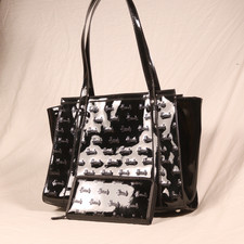 Harrods Black Patent Handbag Purse Set Signature Monogram PVC Shoulder Tote Bag