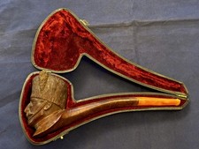 ANTIQUE CARVED BRIAR SOLDIERS HEAD, BALKANS?, PLUMED HAT, GREAT DETAIL, CASED