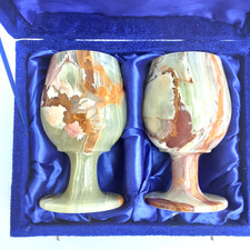 Pair of Onyx Marble Goblets in a Blue Velvet Presentation Box 5 inch height