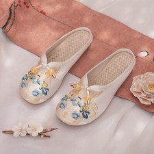 Chinese Women Shoes Slipper Embroidered Floral Beaded Indoor Ethnic Summer Retro
