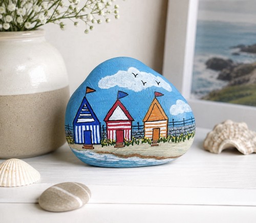 Hand painted beach huts pebble - painted,