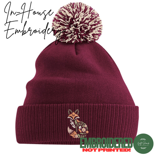 Embroidered floral fox - pom, pom