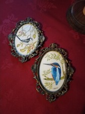 Pair Original Hand Painted Oils on Silk Kingfisher and Long Tailed Tit, Signed 