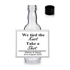 Wedding favour alcohol bottles personalised stickers labels tied the knot shot