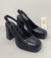 M&S Womens Leather Patent Black Block Heel Platform Sling Back Shoes RRP £55