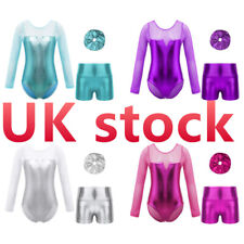 UK Kids Girls 3PCS Dance Outfits Gymnastics Leotard with Scrunchie Shorts Set 