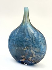 Isle of Wight Glass Lollipop Vase with Label Blue Gold British Art Glass