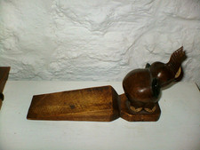 Vtg Hand Carved Baby Elephant  Wooden Wedge Door Stop - Trunk Up - 10" long